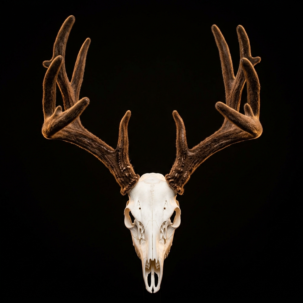 Whitetail euro mount with full velvet antlers, front view