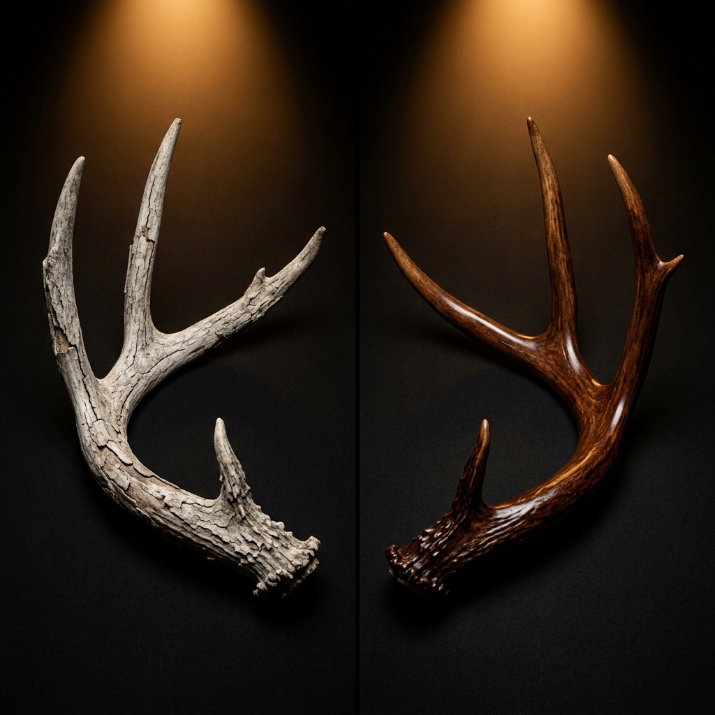 Before and after antler restoration showing a weathered antler transformed to like-new condition